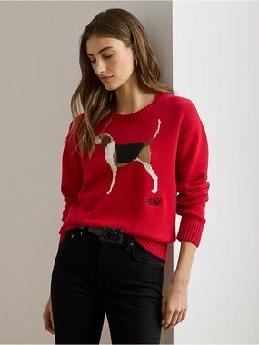 Ralph Lauren Sweater Dog Intarsia Crewneck Cotton Foxhound Red Pullover NWT XL